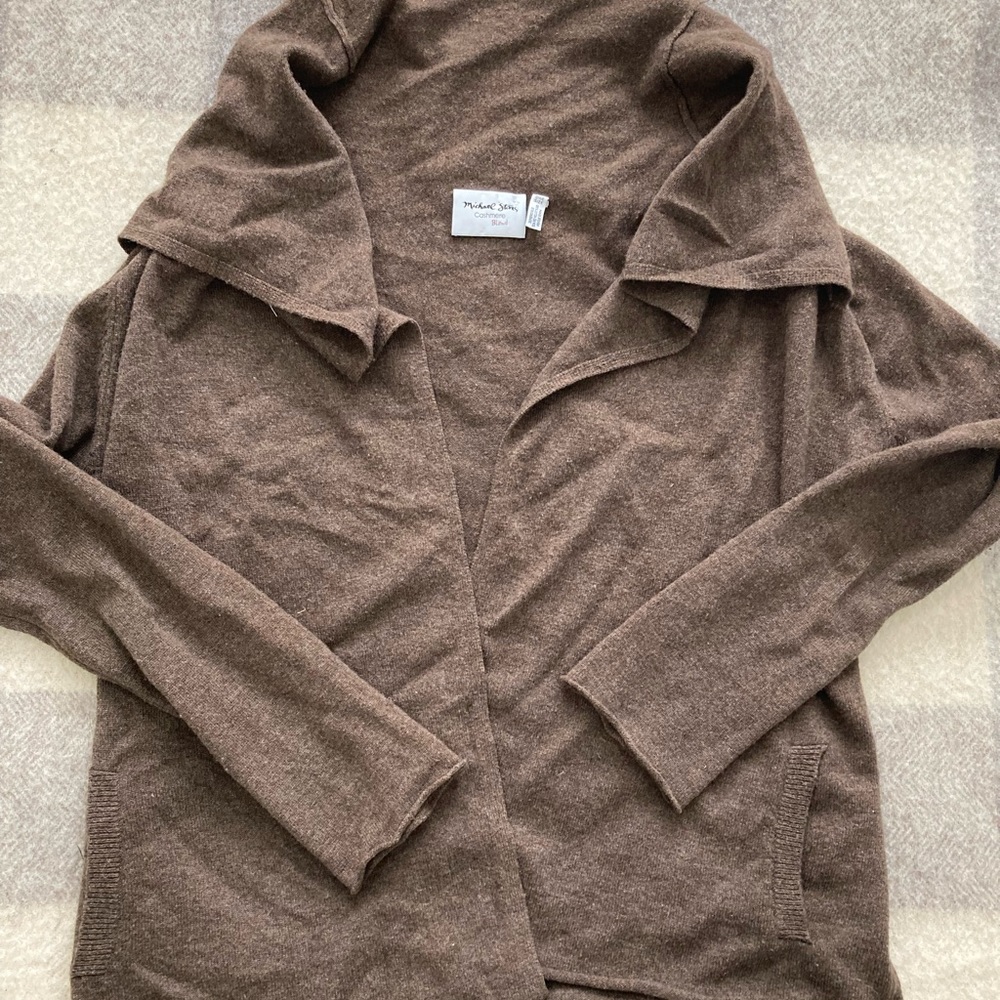 Michael Stars Cashmere Blend Open Front Cardigan Pockets One Size OS Brown